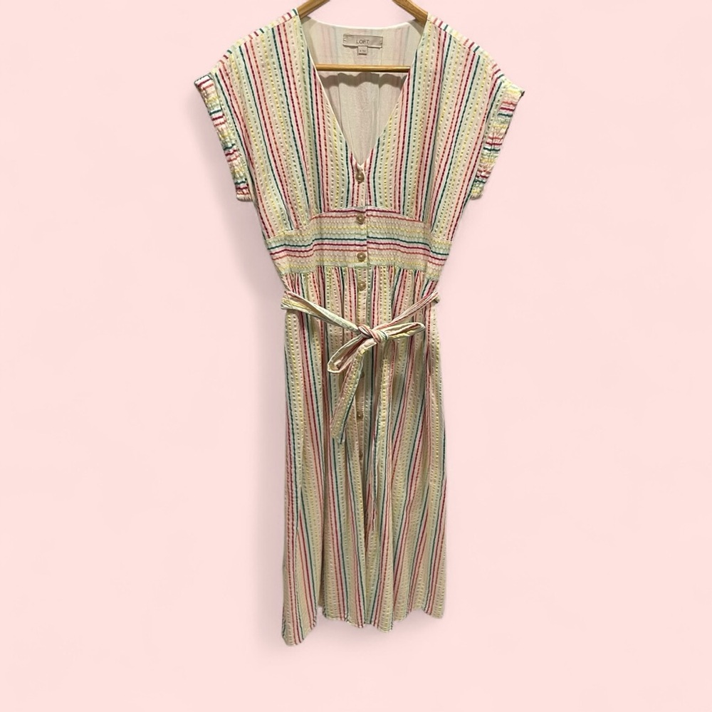 Striped Pastel V-Neck Belted Midi Dress